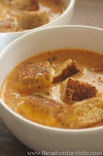 ROASTED TOMATO SAUSAGE SOUP WITH GRILLED CHEESE CROUTONS