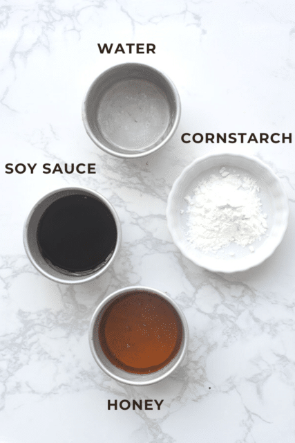ingredient shot of water, cornstarch, soy sauce and honey to make a basic teriyaki sauce
