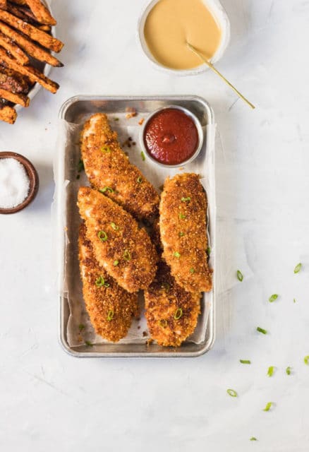 Quinoa Crusted Chicken tenders and dipping sauces