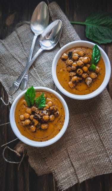 sweet potato harissa soup with crispy chickpeas