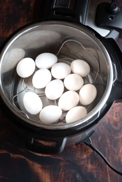 birdseye shot of eggs in the instant pot on top of trivet