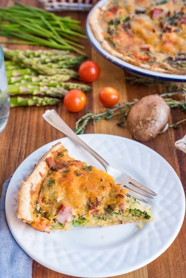 quiche with ham, bacon, and vegetables