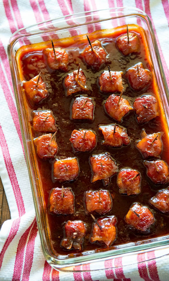 bacon wrapped water chestnuts, Christmas party food ideas 