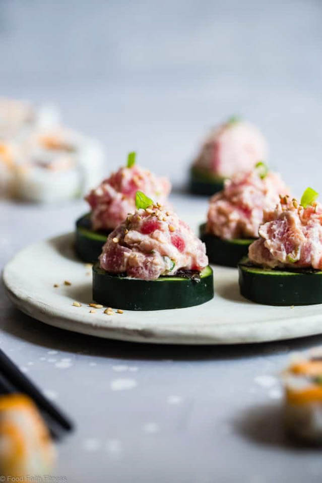 spicy tuna bites, finger food ideas 