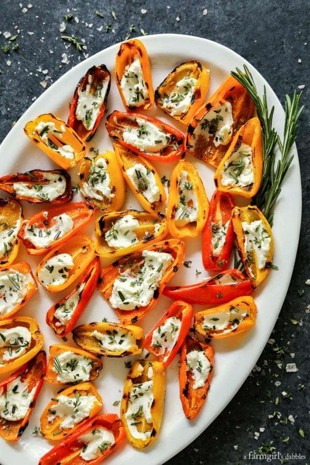 grilled mini sweet peppers with goat cheese, finger food ideas 