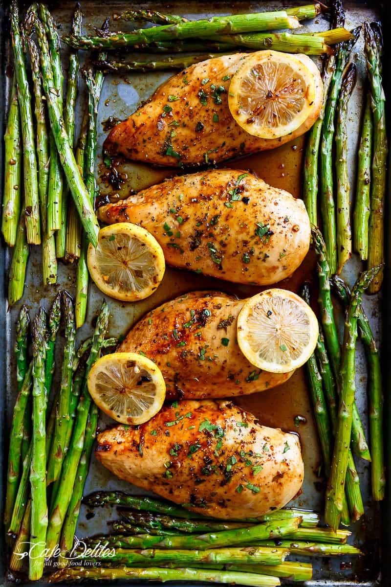 easy chicken breast recipes, chicken breast recipes, one pan honey lemon chicken asparagus 