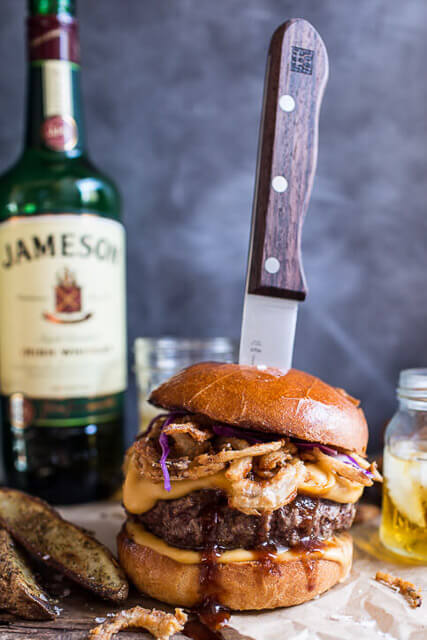 Jameson-Whiskey-Blue-Cheese-Burger-with-Guinness-Cheese-Sauce-Crispy-Onions