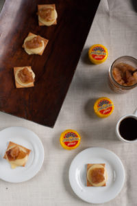 Apple Pie Cheese Bites: Cinnamon sugar pita chips are topped with melty Jarlsberg cheese and smothered with apple pie jam. The perfect last minute appetizer, snack or dessert to keep on hand or take to a party!