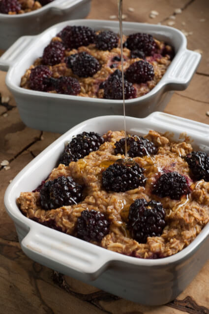 Healthy Blackberry Baked Oatmeal. Greek yogurt and plenty of eggs pack a protein punch in this gluten-free baked oatmeal. We add frozen berries to the bottom and fresh berries to the top for a perfect warm breakfast. Perfect for entertaining!