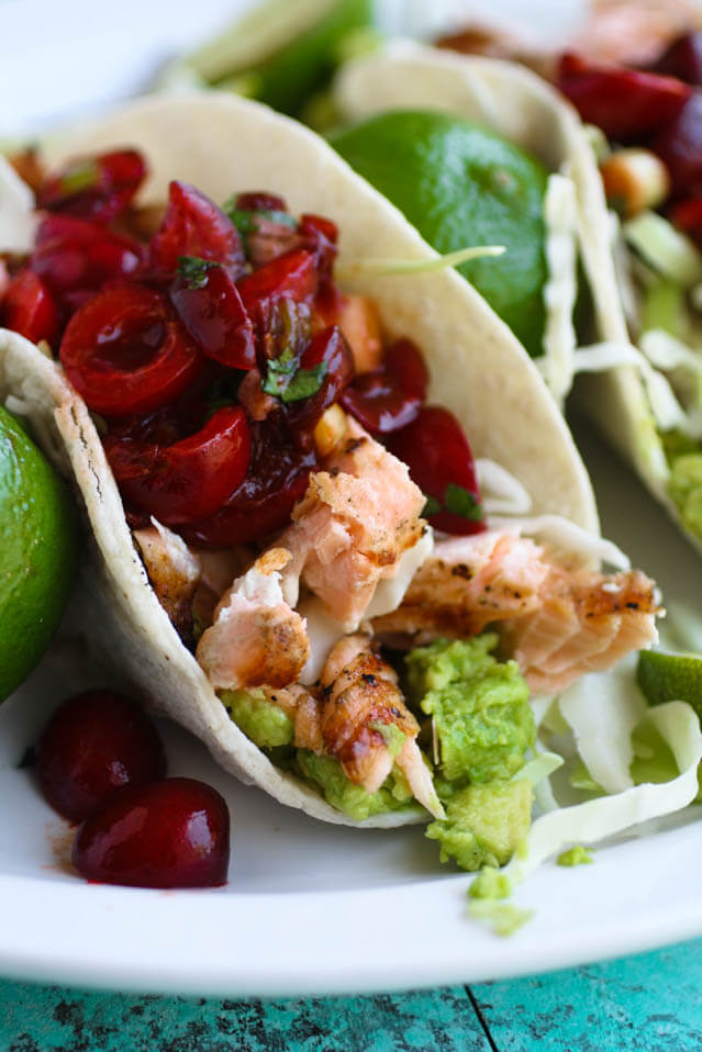 grilled salmon tacos with fresh cherry salsa